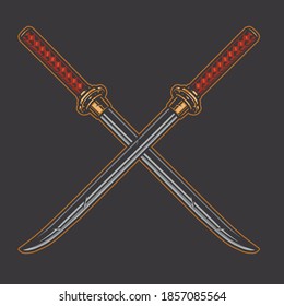 Crossed sharp samurai katana swords concept in vintage style isolated vector illustration