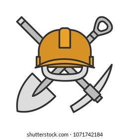 Crossed shovel and pickaxe with hard hat color icon. Mining emblem. Isolated vector illustration