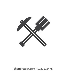 Crossed shovel and pickaxe icon vector, filled flat sign, solid pictogram isolated on white. Mining symbol, logo illustration.