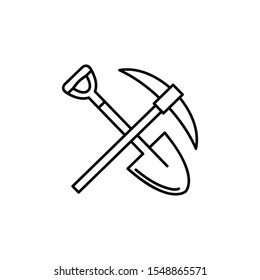 Crossed shovel and pickaxe linear icon. Mining. Thin line illustration. Contour symbol. Pick axe and dig. Vector isolated outline drawing.