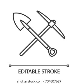 Crossed Shovel And Pickaxe Linear Icon. Mining. Thin Line Illustration. Contour Symbol. Pick Axe And Dig. Vector Isolated Outline Drawing. Editable Stroke