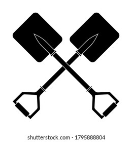 Crossed shovels black silhouette icon isolated on white background. Simple icon. Web site page and mobile app design vector element.