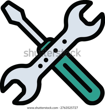 Crossed silver wrench and green handled spanner tools