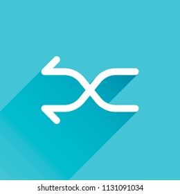 Crossed simple arrows. Linear, thin outline. Gray icon with long shadow in bottom left corner on blue background