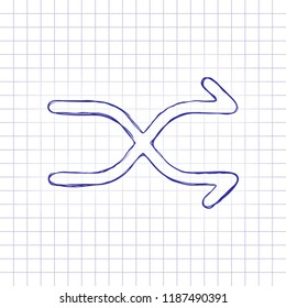 Crossed simple arrows. Linear, thin outline. Hand drawn picture on paper sheet. Blue ink, outline sketch style. Doodle on checkered background