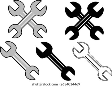 Crossed and Single Wrench Icons in Various Styles Black, Gray, and Outline Designs