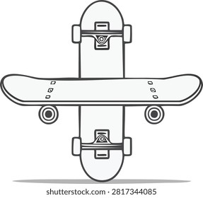 Crossed skateboards vector line art illustration with top deck and bottom view isolated on a white background.