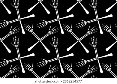 Crossed skeleton, arm, hand, bones. Creepy, scary, spooky horror, death, deadly, dead, body. Halloween. Trendy, stylish, fashionable, seamless vector pattern for design and decoration.