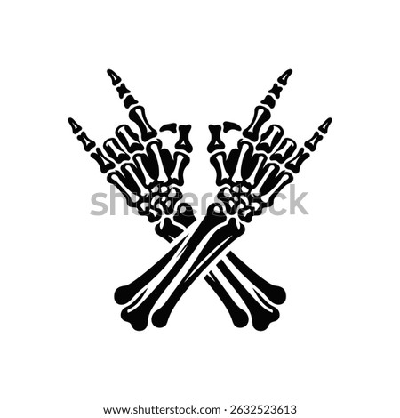 Crossed Skeleton Hands Rock On Gesture Vector Silhouette Two Bony Arms Making Horns Sign Black and White Illustration for Metal Music Halloween or Gothic Themes Isolated Design Element