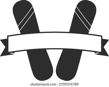 Esqui cruzado com faixa de fita e espaço vazio em estilo de silhueta plana. Símbolo de esporte de inverno, aventura, marca alpina e modelo de etiqueta para texto. Ilustração de vetor de desenhos animados.
