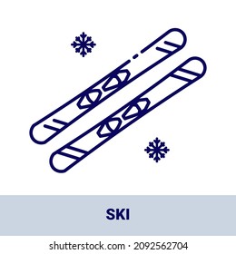 Crossed skis outline icon with title. Collection of icons on the theme of winter sports and outdoor recreation. Vector monochrome illustrations isolated on white background.