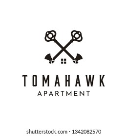 Crossed skull key with Tomahawk Axe and House Roof Window for Home Apartment Building Real Estate logo design