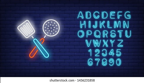 Crossed slotted spoon and turner neon sign. Cooking and kitchen utensils design. Night bright neon sign, colorful billboard, light banner. Vector illustration in neon style.