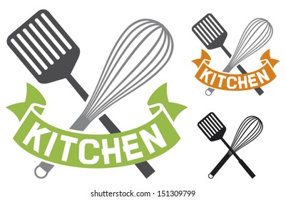 crossed spatula and balloon whisk - kitchen symbol 