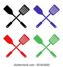 crossed spatula and slotted kitchen spoon vector icon - colored set