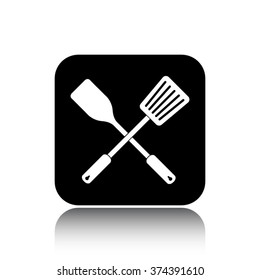 crossed spatula and slotted kitchen spoon vector icon on black button with reflection