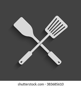 crossed spatula and slotted kitchen spoon vector icon with shadow