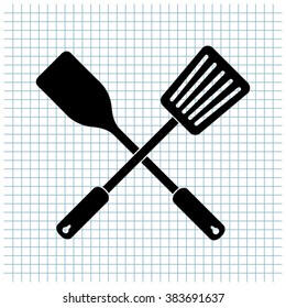 crossed spatula and slotted kitchen spoon vector icon