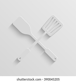 crossed spatula and slotted kitchen spoon vector paper icon