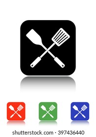 crossed spatula and slotted kitchen spoon vector icon - black and colored buttons