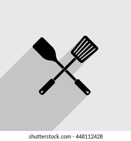 crossed spatula and slotted kitchen spoon vector icon with long shadow