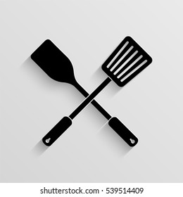 Crossed spatula and slotted kitchen spoon vector icon with  shadow