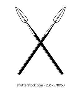 Crossed spears. Vector black outline icon illustration isolated on white background.