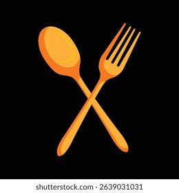 Crossed spoon and fork food icon, kitchen utensil symbol, restaurant or cafe logo concept on dark background