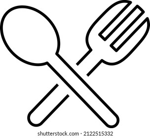 Crossed spoon and fork icon, black editable stroke, simple design.