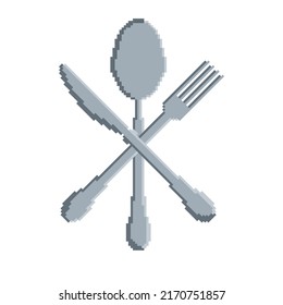 Crossed spoon, fork and knife vector icon. Pixel art. 8 bit logo for game. eps10