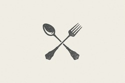 Crossed Spoon And Fork Silhouette For Food Service Hand Drawn Stamp Effect Vector Illustration. Vintage Grunge Texture Emblem For Package And Menu Design Or Label Decoration.