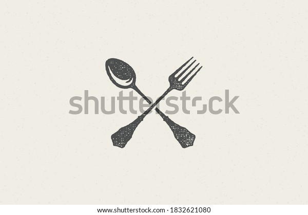 Crossed spoon and fork\
silhouette for food service hand drawn stamp effect vector\
illustration. Vintage grunge texture emblem for package and menu\
design or label\
decoration.