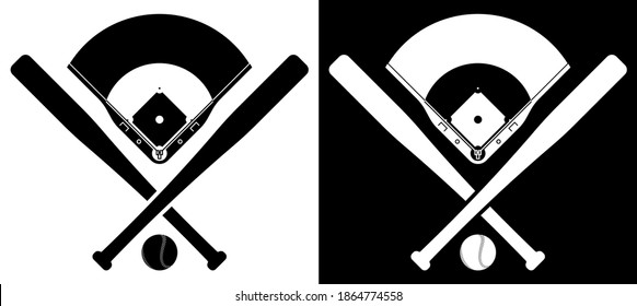 crossed sports baseball bats with ball and silhouette of baseball stadium. American national sport. Active lifestyle. Realistic vector