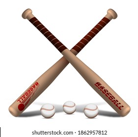 crossed sports wooden baseball bats with balls. American national sport. Active lifestyle. Realistic vector