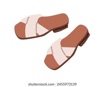 Crossed strap sandals, summer footwear for women. Casual footgear, trendy open shoes pair. Stylish modern backless foot wearing. Flat graphic vector illustration isolated on white background