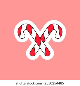 Crossed striped Christmas candy canes with curled ends. New Year velcro for decorating gift or card in style of 2000. Cartoon Y2K retro sticker on pink background