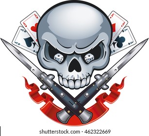 crossed switchblade knifes, skull, dices and cards