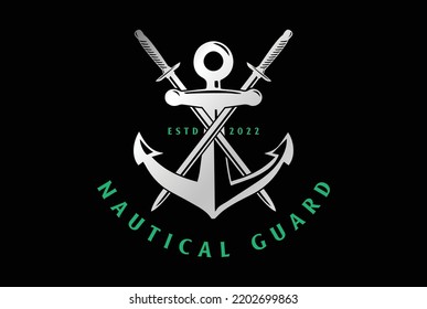 Crossed Sword Blade Anchor Hook for Ocean Sail Nautical Guard or Yacht Boat Navy Logo Design