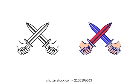 Crossed sword icon set. Red and blue team sword special collection linear icon set. Swords in hand fighting team. Upload the creative sword-fight encounter vector. Editable linear icon set.