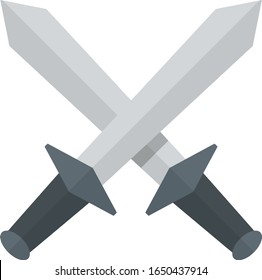 Crossed sword. Medieval knight's weapon. Soldier's item. Symbol of war and battle. Sharp blade and handle of blade. Logo and coat of arms. Cartoon flat illustration