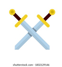 Espada cruzada. El arma del caballero medieval. Elemento de soldado. Símbolo de guerra y batalla. Cubierta y mango de cuchilla. Logo y escudo de armas. Ilustración plana de dibujos animados