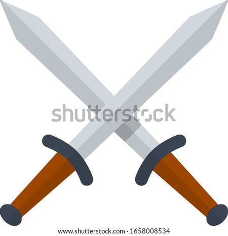 Crossed sword. Medieval knight's weapon. Soldier's item. Symbol of war and battle. Two Sharp blade and handle of blade. Logo and coat of arms. Cartoon flat illustration