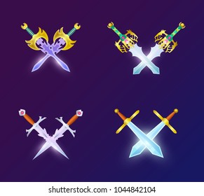 Crossed sword set. Medieval crossed magic sword and saber set. Blade knife and military weapon isolated on dark background. Vector illustration

