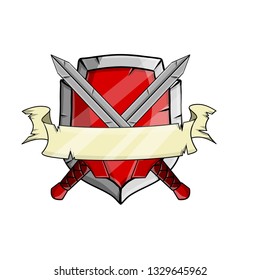 The crossed Sword and shield of a medieval knight. Weapons and red armor warrior. Heraldic coat of arms. Military logo for the game. White ribbon for text and motto.