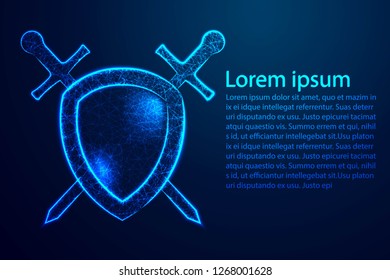 crossed sword and shield, Protect and secure concept. Abstract wire low poly, Polygonal wire frame mesh. Background Illustration