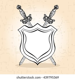 Crossed swords behind shield. Two crossed ornate hand drawn sabers and abstract shield vintage elements. Hipster style. Design template for logo or emblem. Copy space. Vector illustration.