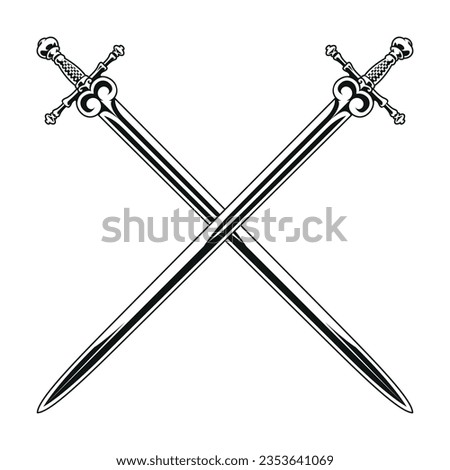 Crossed swords black and white vector. Genuine medieval European knight swords isolated on white.