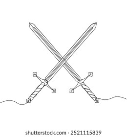 Crossed swords in continuous one line art style. Simple vector illustration