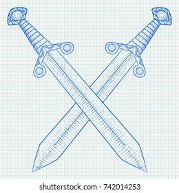 Crossed swords. Hand drawn white sketch on lined paper background. Vector illustration