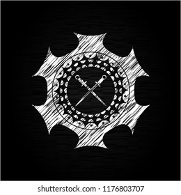 crossed swords icon drawn chalk emblem, retro style, chalk or chalkboard texture
